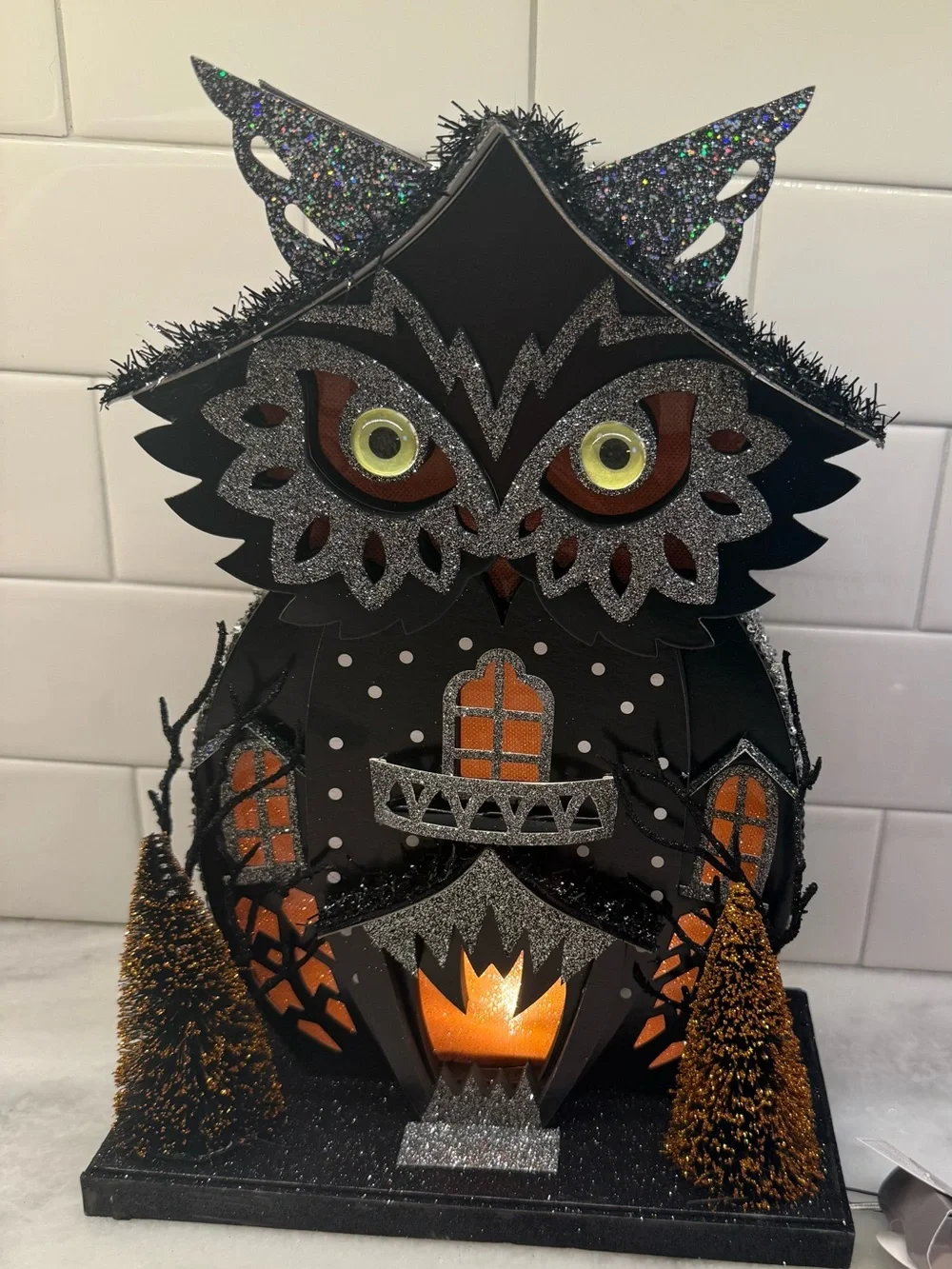 Bella Lux Putz Style Black Glitter LED Halloween Owl Shaped House NWT